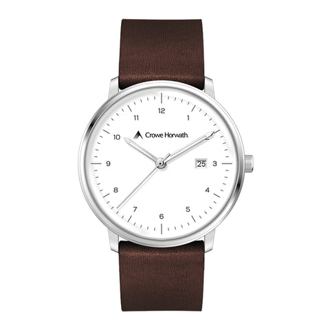 WC1516 39MM STEEL SILVER CASE, 3 HAND MVMT, DTE DISPLAY, WHITE DIAL, LEATHER STRAP, FLAT MINERAL CRYSTAL, 5