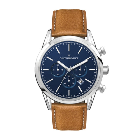 WC3074 42MM STEEL SILVER CASE, CHRONOGRAPH MVMT, BLUE DIAL, DTE DISPLAY, LEATHER STRAP, FLAT MINERAL CRYSTA