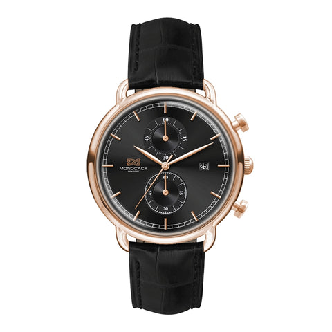WC3304 42MM STEEL ROSE GOLD CASE, CHRONOGRAPH MVMT, BLACK DIAL, DTE DISPLAY, LEATHER STRAP, DOME MINERAL CR