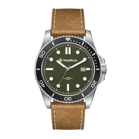 WC5242 42.5MM STEEL MATTE SILVER CASE, 3 HAND MVMT, GREEN DIAL, DTE DISPLAY, ROTATING BEZEL, LEATHER STRAP,